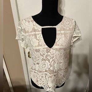 Express White Tan Lace Short Sleeve Blouse Small